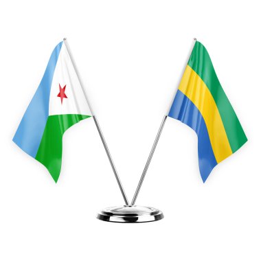 Two table flags isolated on white background 3d illustration, djibouti and gabon