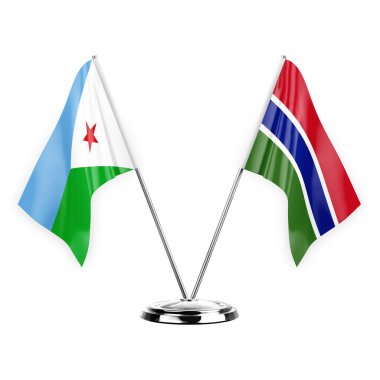 Two table flags isolated on white background 3d illustration, djibouti and gambia