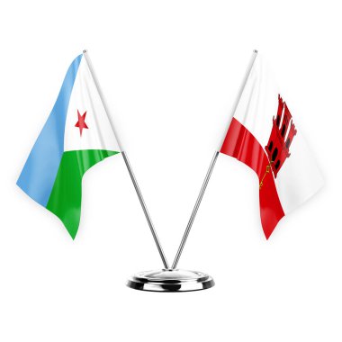 Two table flags isolated on white background 3d illustration, djibouti and gibraltar