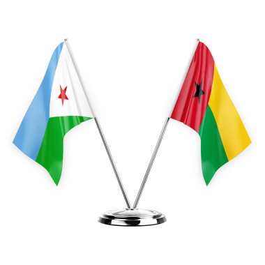Two table flags isolated on white background 3d illustration, djibouti and guinea-bissau