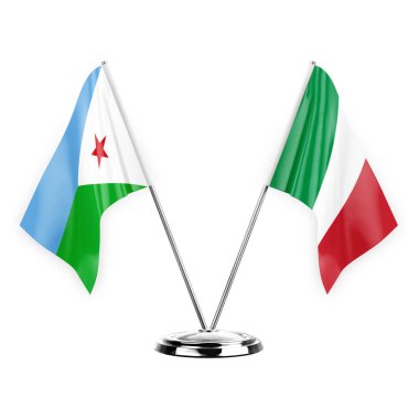 Two table flags isolated on white background 3d illustration, djibouti and italy