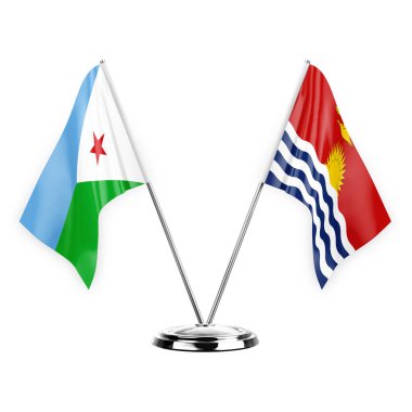 Two table flags isolated on white background 3d illustration, djibouti and kiribati