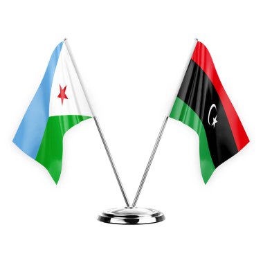 Two table flags isolated on white background 3d illustration, djibouti and libya