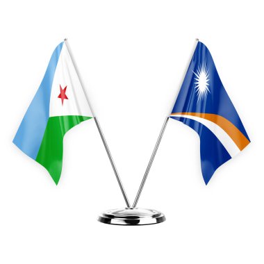 Two table flags isolated on white background 3d illustration, djibouti and marshall islands