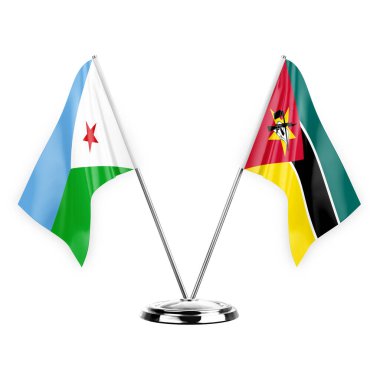 Two table flags isolated on white background 3d illustration, djibouti and mozambique