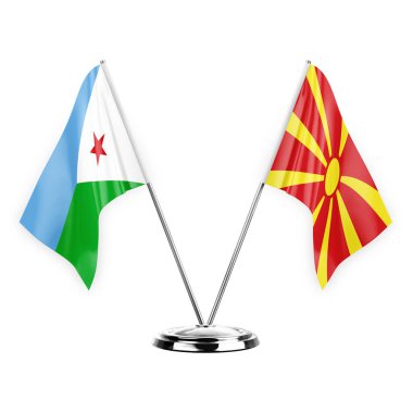 Two table flags isolated on white background 3d illustration, djibouti and north macedonia