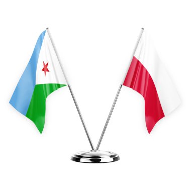 Two table flags isolated on white background 3d illustration, djibouti and poland