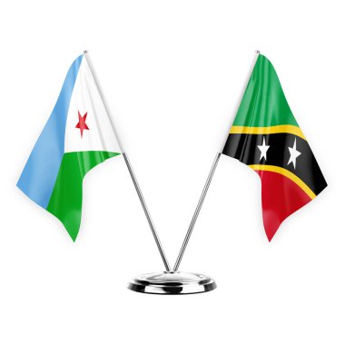 Two table flags isolated on white background 3d illustration, djibouti and saint kitts and venis