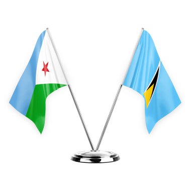 Two table flags isolated on white background 3d illustration, djibouti and saint lucia