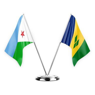 Two table flags isolated on white background 3d illustration, djibouti and saint vincent and the grenadines