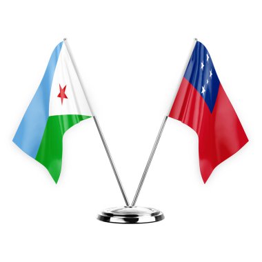 Two table flags isolated on white background 3d illustration, djibouti and samoa