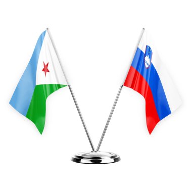 Two table flags isolated on white background 3d illustration, djibouti and slovenia