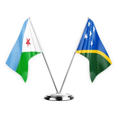 Two table flags isolated on white background 3d illustration, djibouti and solomon islands