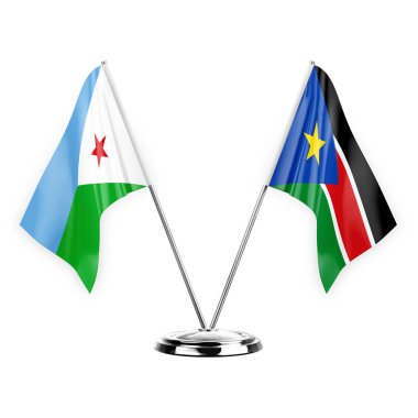 Two table flags isolated on white background 3d illustration, djibouti and south sudan