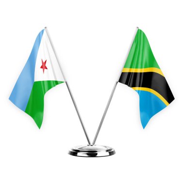 Two table flags isolated on white background 3d illustration, djibouti and tanzania