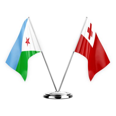 Two table flags isolated on white background 3d illustration, djibouti and tonga