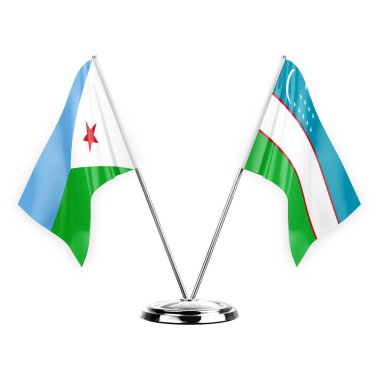 Two table flags isolated on white background 3d illustration, djibouti and uzbekistan