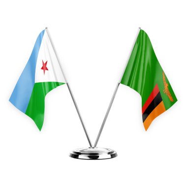 Two table flags isolated on white background 3d illustration, djibouti and zambia