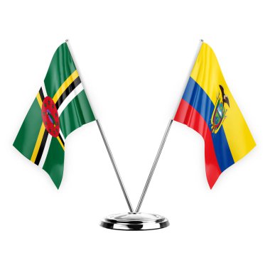 Two table flags isolated on white background 3d illustration, dominica and ecuador
