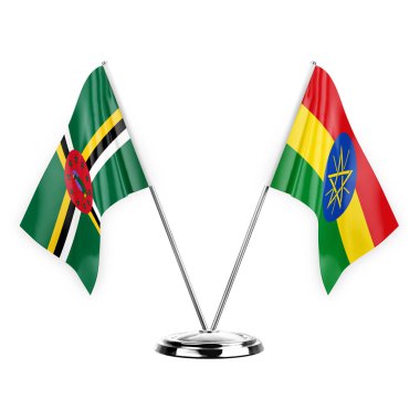 Two table flags isolated on white background 3d illustration, dominica and ethiopia