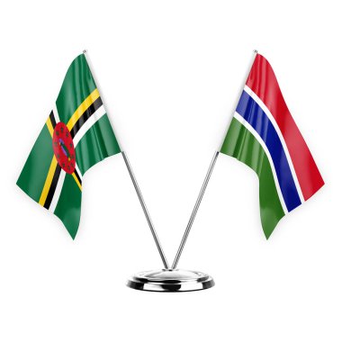 Two table flags isolated on white background 3d illustration, dominica and gambia