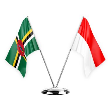 Two table flags isolated on white background 3d illustration, dominica and indonesia