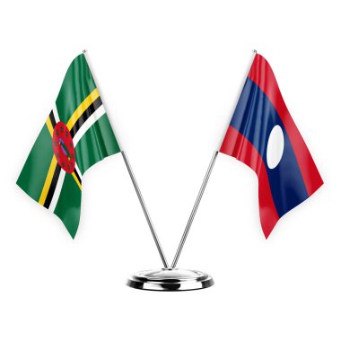 Two table flags isolated on white background 3d illustration, dominica and laos