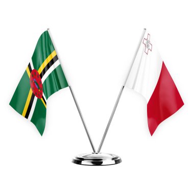 Two table flags isolated on white background 3d illustration, dominica and malta