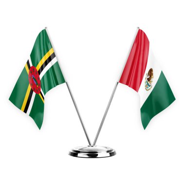 Two table flags isolated on white background 3d illustration, dominica and mexico