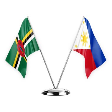 Two table flags isolated on white background 3d illustration, dominica and philippines