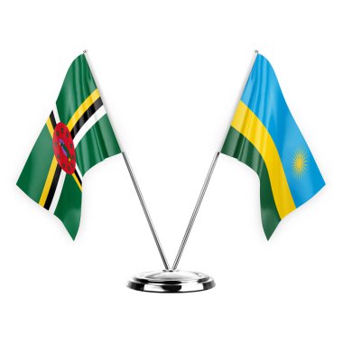 Two table flags isolated on white background 3d illustration, dominica and rwanda