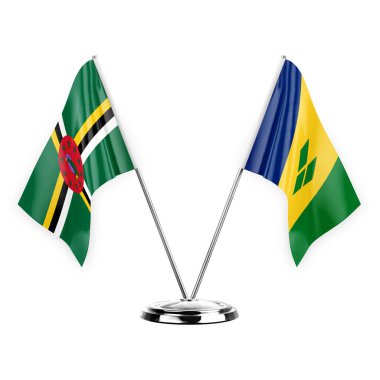 Two table flags isolated on white background 3d illustration, dominica and saint vincent and the grenadines