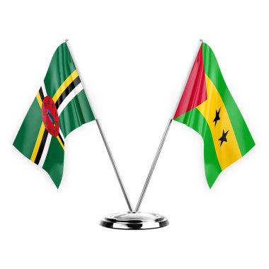 Two table flags isolated on white background 3d illustration, dominica and sao tome and principe