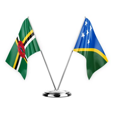 Two table flags isolated on white background 3d illustration, dominica and solomon islands