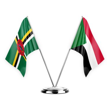 Two table flags isolated on white background 3d illustration, dominica and sudan