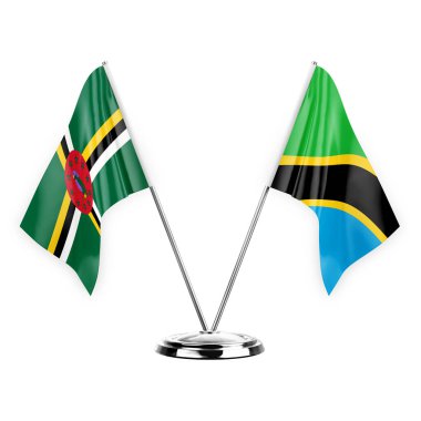 Two table flags isolated on white background 3d illustration, dominica and tanzania