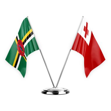 Two table flags isolated on white background 3d illustration, dominica and tonga