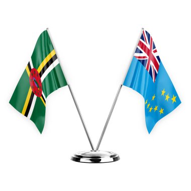 Two table flags isolated on white background 3d illustration, dominica and tuvalu