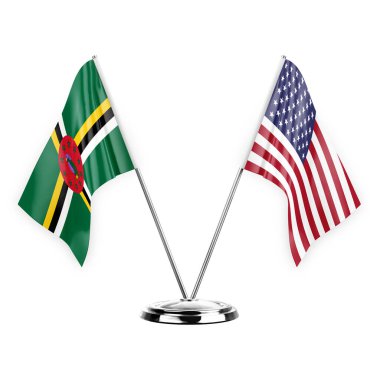 Two table flags isolated on white background 3d illustration, dominica and usa