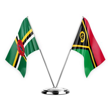 Two table flags isolated on white background 3d illustration, dominica and vanuatu