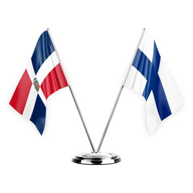 Two table flags isolated on white background 3d illustration, dominican republic and finland