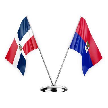 Two table flags isolated on white background 3d illustration, dominican republic and haiti