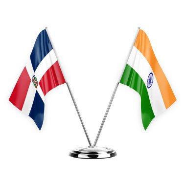 Two table flags isolated on white background 3d illustration, dominican republic and india