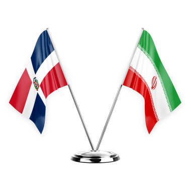 Two table flags isolated on white background 3d illustration, dominican republic and iran