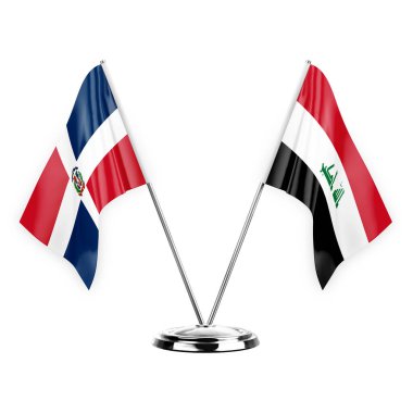 Two table flags isolated on white background 3d illustration, dominican republic and iraq