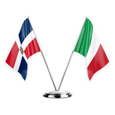 Two table flags isolated on white background 3d illustration, dominican republic and italy