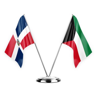 Two table flags isolated on white background 3d illustration, dominican republic and kuwait
