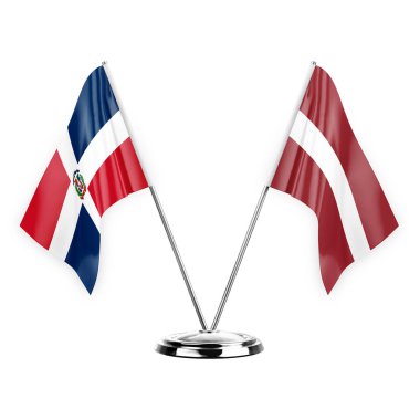 Two table flags isolated on white background 3d illustration, dominican republic and latvia