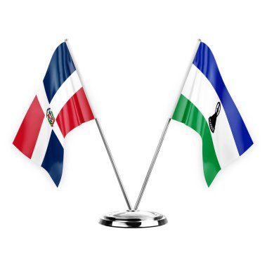 Two table flags isolated on white background 3d illustration, dominican republic and lesotho