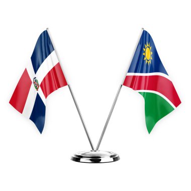 Two table flags isolated on white background 3d illustration, dominican republic and namibia